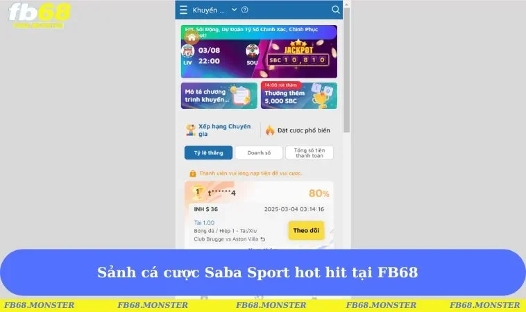 Sảnh cá cược Saba Sport hot hit tại FB68